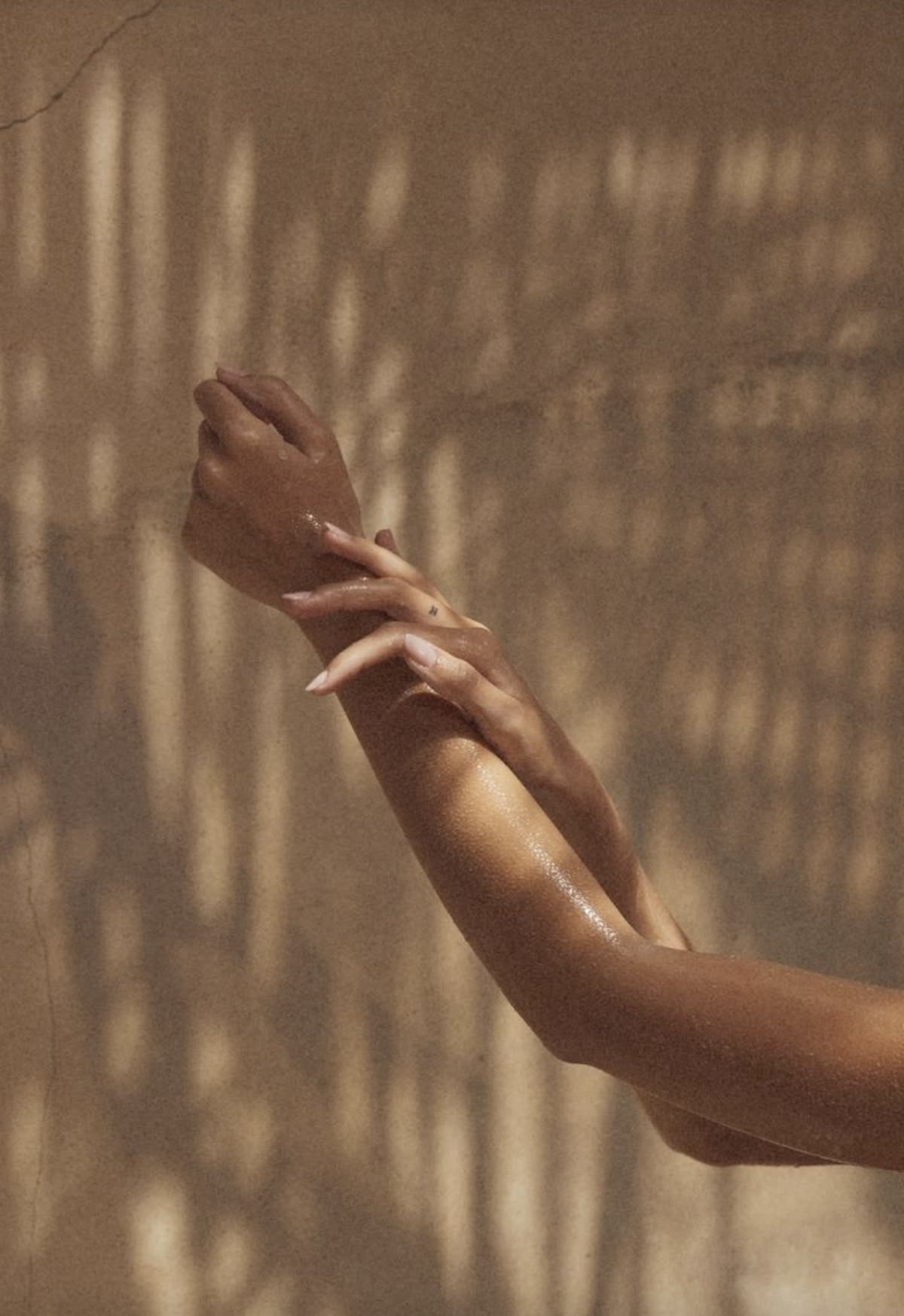 Hands resting together in soft, dappled light